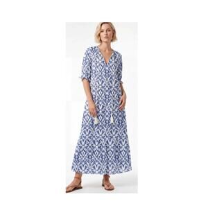 Boho Blue Ikat V-Neck Tassel Tie Beachy Maxi Dress size Small